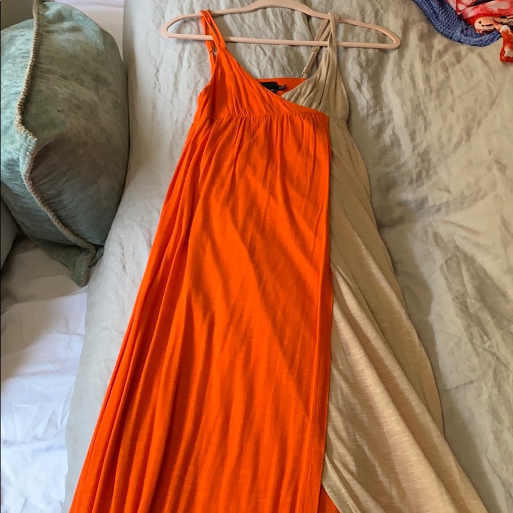 Open Front orange and tan maxi dress